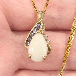 Vintage 10K Gold Opal Tanzanite Pendant: Pear Teardrop Lab Created Fire Opal